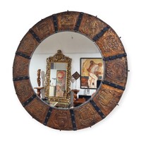 Nagyméretű szerb iparművész horoszkópos vintage vörösréz tükör - 50341