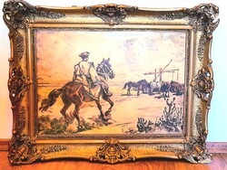 Benyovszky István: Csikós a Hortobágyon akvarellel sźínezett rézkarc