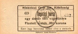 Vágatási bárca, Miskolczi Orthodox Izraelita hitközség. 1924.