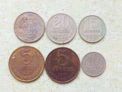 Szovjetunió Oroszország 6 db Különböző Érme 5 10 15 20 Kopek Kopejka 1933-1987