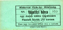 Vágatási bárca, Miskolczi Orthodox Izraelita hitközség. 1921.