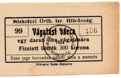 Vágatási bárca, Miskolczi Orthodox Izraelita hitközség. 1924.