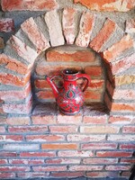 Antique Gmunder Ceramic Pitcher, Beautiful Burgundy Color with Green Folk Pattern, Hand-Painted, Signed