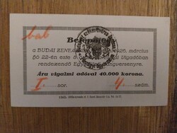 Hangverseny belépőjegy 1926- ból, Budai Vigadóban rendezett hangversenyre, papírrégiség