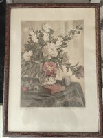 Csáki-Maronyák József (Kossuth-díjas): Virágcsendélet - jelzett, színezett rézkarc