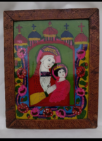 Antik erdélyi üveg ikon ,fa keretben :Mária ,kis Jézussal 19 sz vége