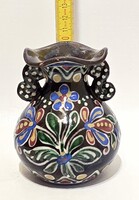 "Baán" Baán Imre jelzett, színes virágos, fekete mázas hódmezővásárhelyi népi kerámia váza (3757)