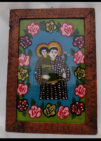 Antik erdélyi ,üveg ikon ,fa keretben :gyermekek védőszentje ,Szent Antal 19 sz vége