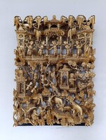 Antik kínai kép faragott fa sokalakos szobor életkép arany bútor berakás 907 3014