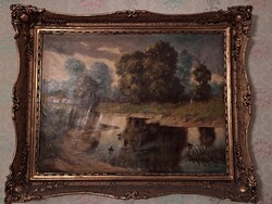 Király B. szignós olaj tájkép 80×62 cm, díszes aranyozott keretben (100×80)