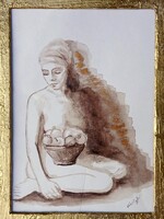 Akt gyümölcsökkel. 35x25cm külső, 17x12cm belső méretű miniatúra. Károlyfi Zsófia Prima díjas műve.