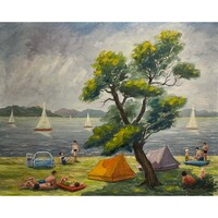 Boross Géza (1908-1971) Nyaralás a Balatonon - nagy méretű balatoni életkép /számlát adunk hozzá/