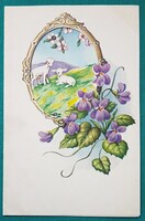 Régi grafikus virágos, Húsvéti képeslap, bárányok, ibolya