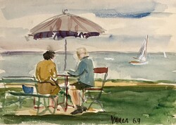 Varga Ferenc (1928-2019) Nekem a Balaton a Riviéra, 1964 - retró hangulatú kép /számlát adunk hozzá/
