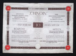 Chinoin Gyógyszer és Vegyészeti Gyár (Kereszty és Wolf) részvény 10x10 pengő 1941