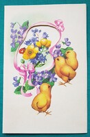 Régi grafikus virágos, Húsvéti képeslap, csibék, ibolya