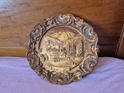 Antik osztrák kézzel faragott keményfa tányér, dísztányér, falitányér, falidísz, falitál Lunz am See