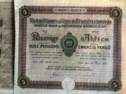 Magyar Waggon- és Gépgyár Részvénytársaság 5 db 20 pengő bemutatóra szóló részvény, szárazbélyegzőve