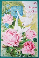 Antik  grafikus rajzos virágos képeslap, rózsa, nefelejcs, galamb