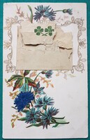 Antik szecessziós virágos üdvözlő képeslap, írott, búzavirág, boríték, lóhere