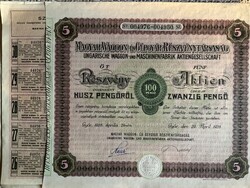 Magyar Waggon- és Gépgyár Részvénytársaság 5 db 20 pengő bemutatóra szóló részvény, szárazbélyegzőve