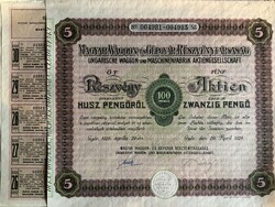 Magyar Waggon- és Gépgyár Részvénytársaság 5 db 20 pengő bemutatóra szóló részvény, szárazbélyegzőve