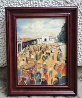 Román György műve? Utcai forgatag, mulatság - sokalakos olajfestmény, keretezett - ünneplő tömeg?