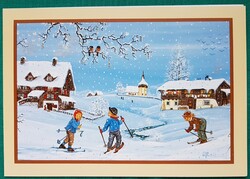 Karácsonyi kinyitható képeslap, téli táj, falu, kisgyerekek, postatiszta