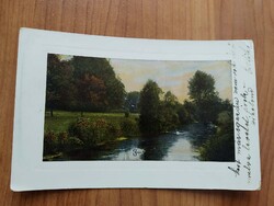 Antik lap, fényes, fényképszerű, tájkép, folyó, hattyú, 1910