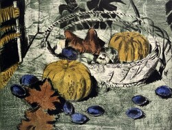 Breznay József (1916-2012) Gyümölcskosár - őszi csendélet, színezett grafika /számlát adunk hozzá/