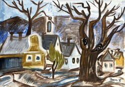 Mersits Piroska (1926-1988) Utcasor öreg fával /számlát adunk hozzá/