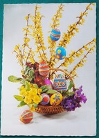 Húsvéti virágos üdvözlő képeslap (barka, színes tojás), postatiszta