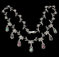 Real 45.58gm Ruby Emerald Sapphire Marcasite 925 Silver Necklace