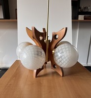 Szarvasi öt karos gömb búrás mennyezeti lámpa / retro csillár (pácolt fa,réz,üveg)