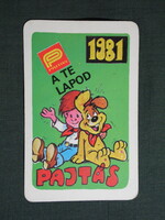 Kártyanaptár,Pajtás ifjúsági,úttörő magazin,újság,grafikai rajzos, humoros,kutya,1981,  (1)