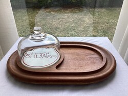 Teak and ceramic cheese platter with glass shade