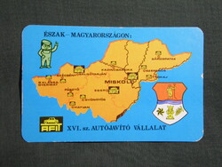 Kártyanaptár,AFIT autószervizek,Miskolc,Hatvan,Szerencs,Tokaj,Eger,grafikai,térképes,1982,  (1)