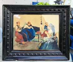 Fonalat készítő népviseletes leányok (régi akvarell) Szabó jelzéssel - falusi fonoda