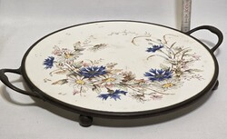 Szecessziós, búzavirág és margarétamintás, kétfülű majolika kínálótálca (3761)