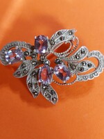 Csodálatos árt deco 925-ös sterling ezüst valódi ametiszt köves, markazitokkal bross 5x4 cm