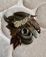 Vintage extrém nagyon érdekes leveles tollas gyöngyös bross kitűző 1900’