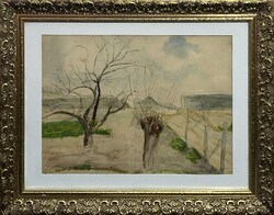 Patay Éva (1900-1984) Télváró táj - akvarell munka szép üvegezett keretben /számlát adunk hozzá/