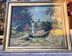 Guzsik Ödön  (1902-1954) "Tájkápfestőnő a Balaton partján" című olaj karton alkotása!