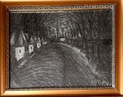 István Nagy's Charcoal Drawing: Houses with a Tree Row!