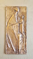Erwin Huber modernista, bronz dombor plakett, Szűz Mária a kis Jézussal /SZÉP ÁLLAPOTBAN/