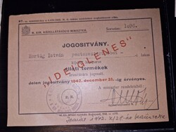 1942, Pesterzsébet, hentes működáési igazolványa, ritka