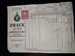 1933, ZWACK unicum számla céglyukasztásos illetékbélyeggel, ritka