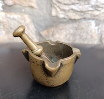 Antik bronz mini patika mozsár törővel – Jelzett, gyűjtői darab