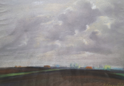 Ifj. Éber Sándor: Felhős táj (keretezett pasztell, 1930-as évek) panoráma tanyával, bajai művész