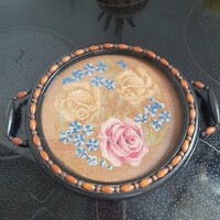 Régi gobelin betétes üvegezett fa tálca